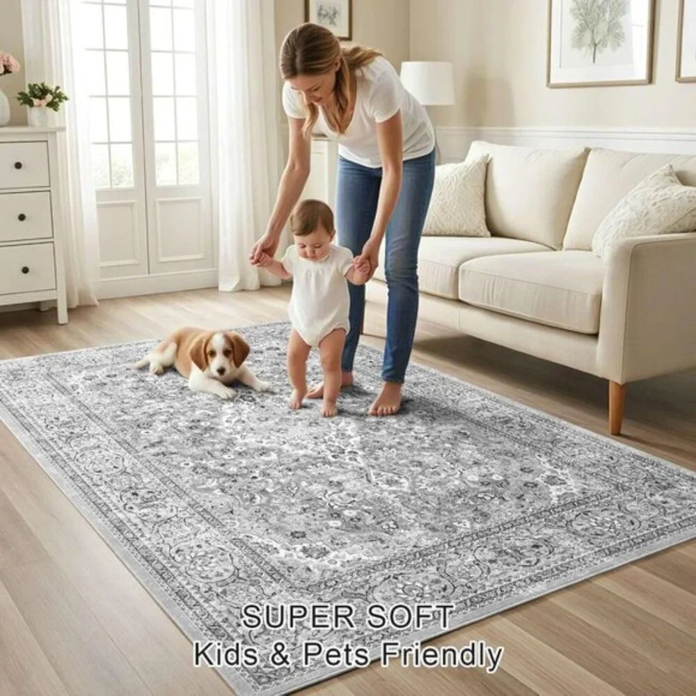 New 4x6 Grey Boho Area Rug, Washable Vintage Floral Non-Slip Carpet for Bedroom